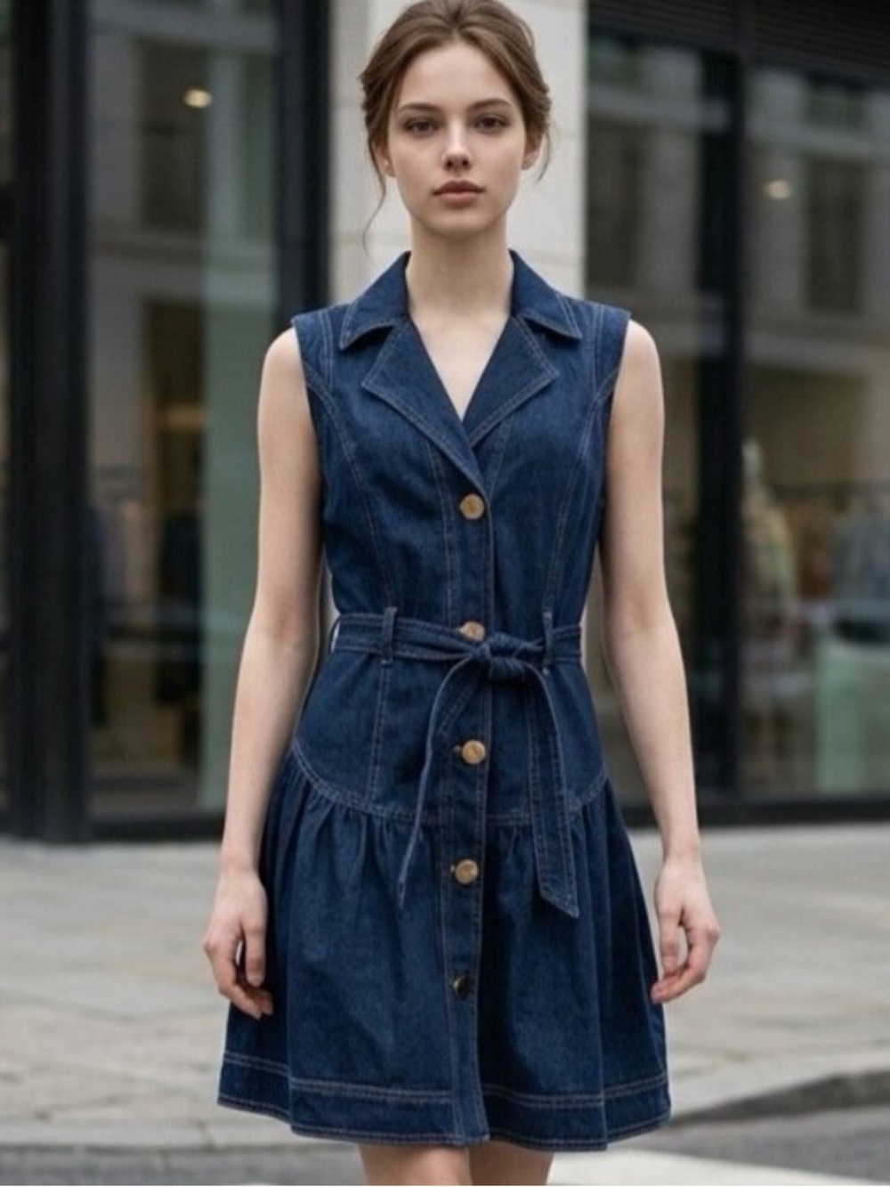 Tahari Dark Blue Denim Sleeveless Button Dress with Tie Waist
